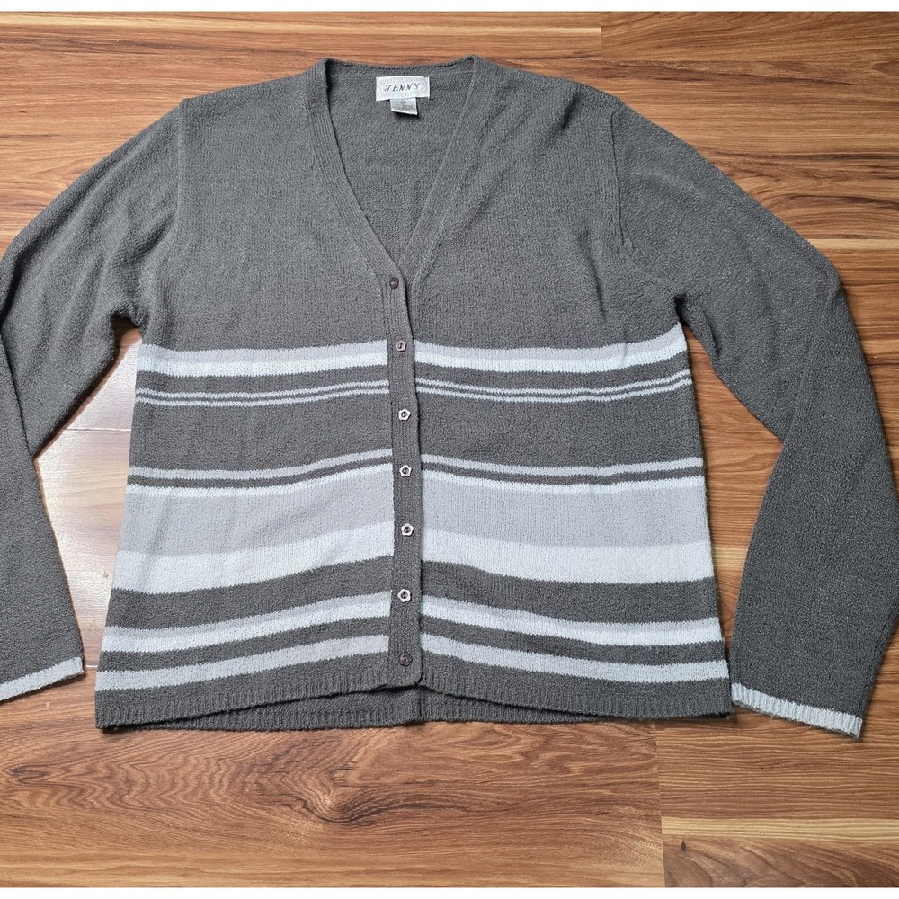 Vintage Y2k Jenny Cardigan Sweater Womens Medium Gray Striped Lightweight Knit